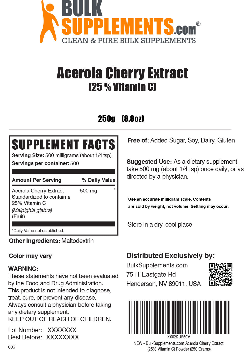 Acerola Cherry Extract powder label 250g