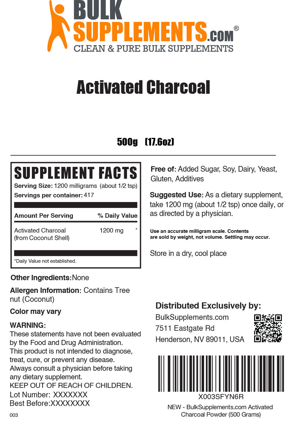 Activated charcoal powder label 500g