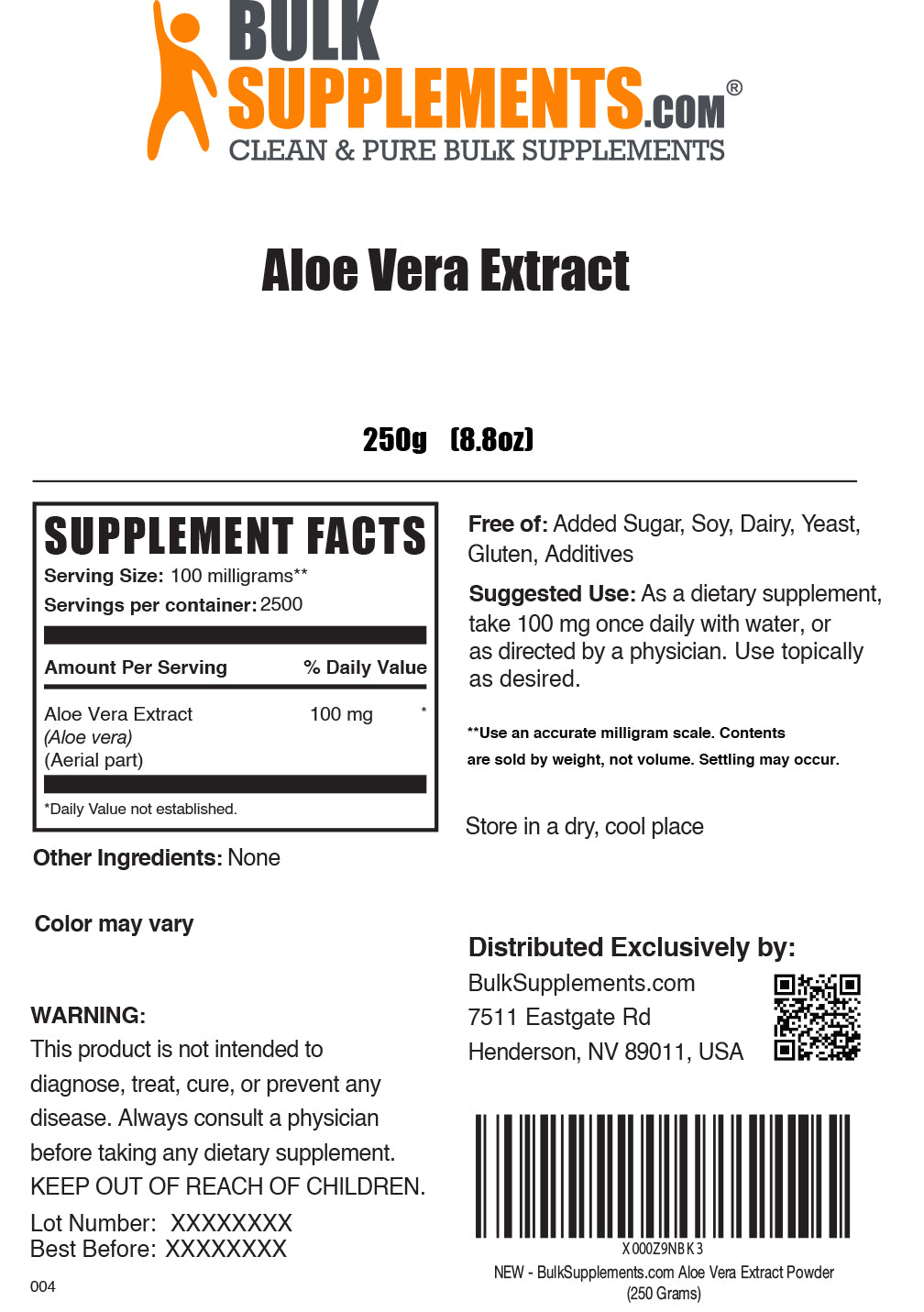 Aloe Vera Extract Powder label 250g