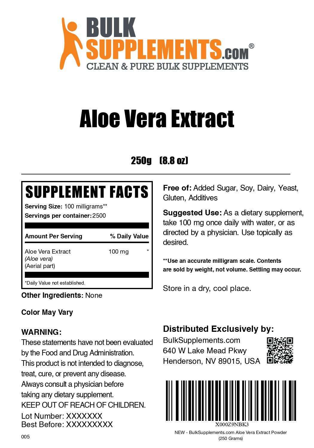 Aloe Vera Extract Powder label 250g