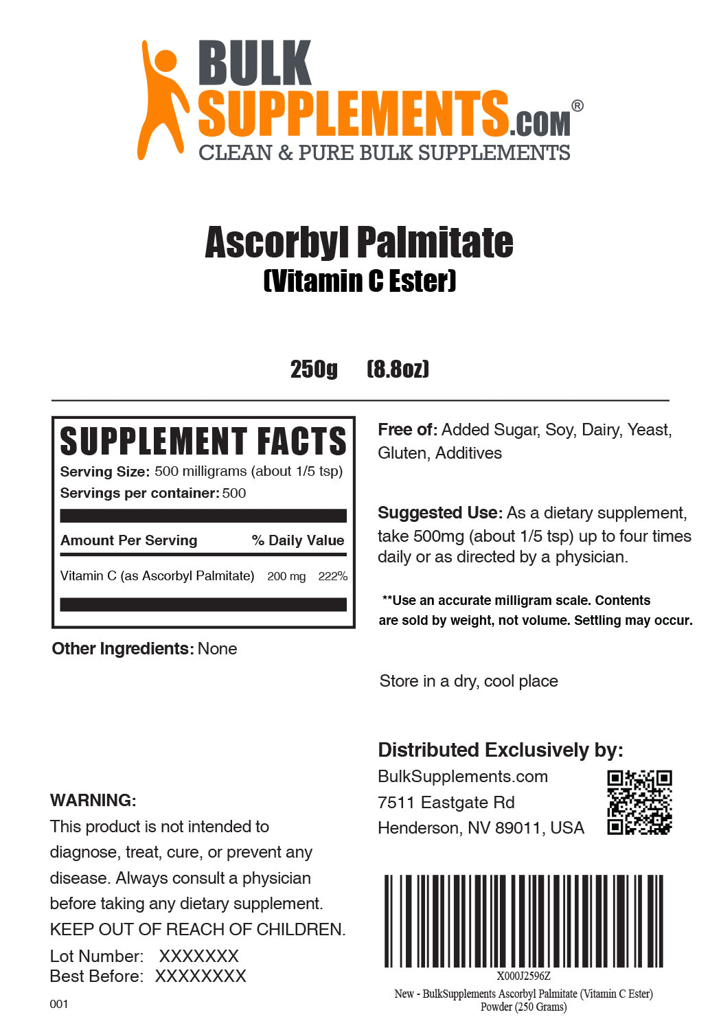 Ascorbyl Palmitate powder label 250g