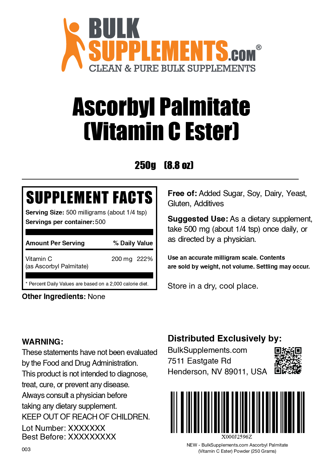 Ascorbyl Palmitate (Vitamin C Ester) powder label 250g