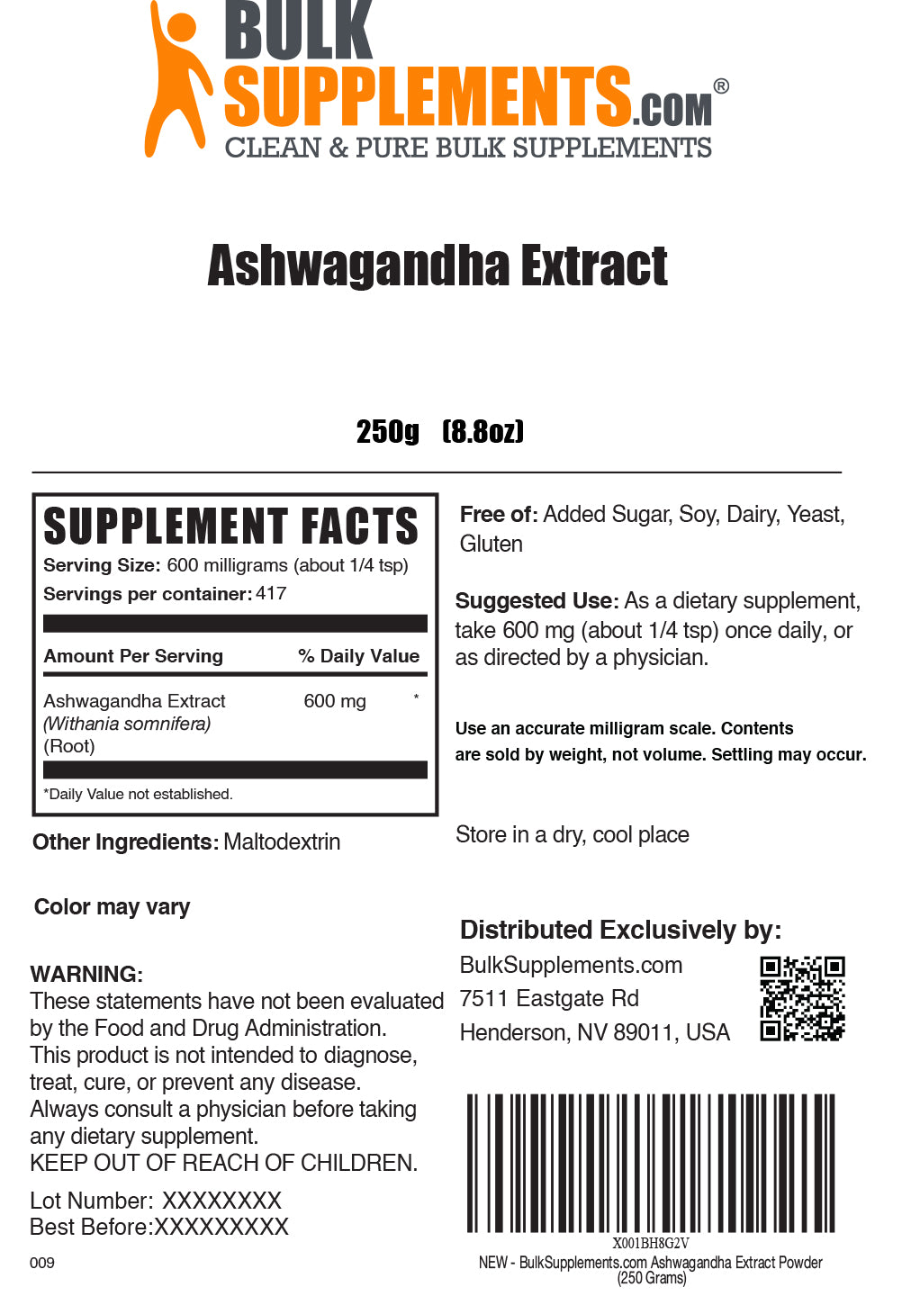 Ashwaganda Extract powder label 250g