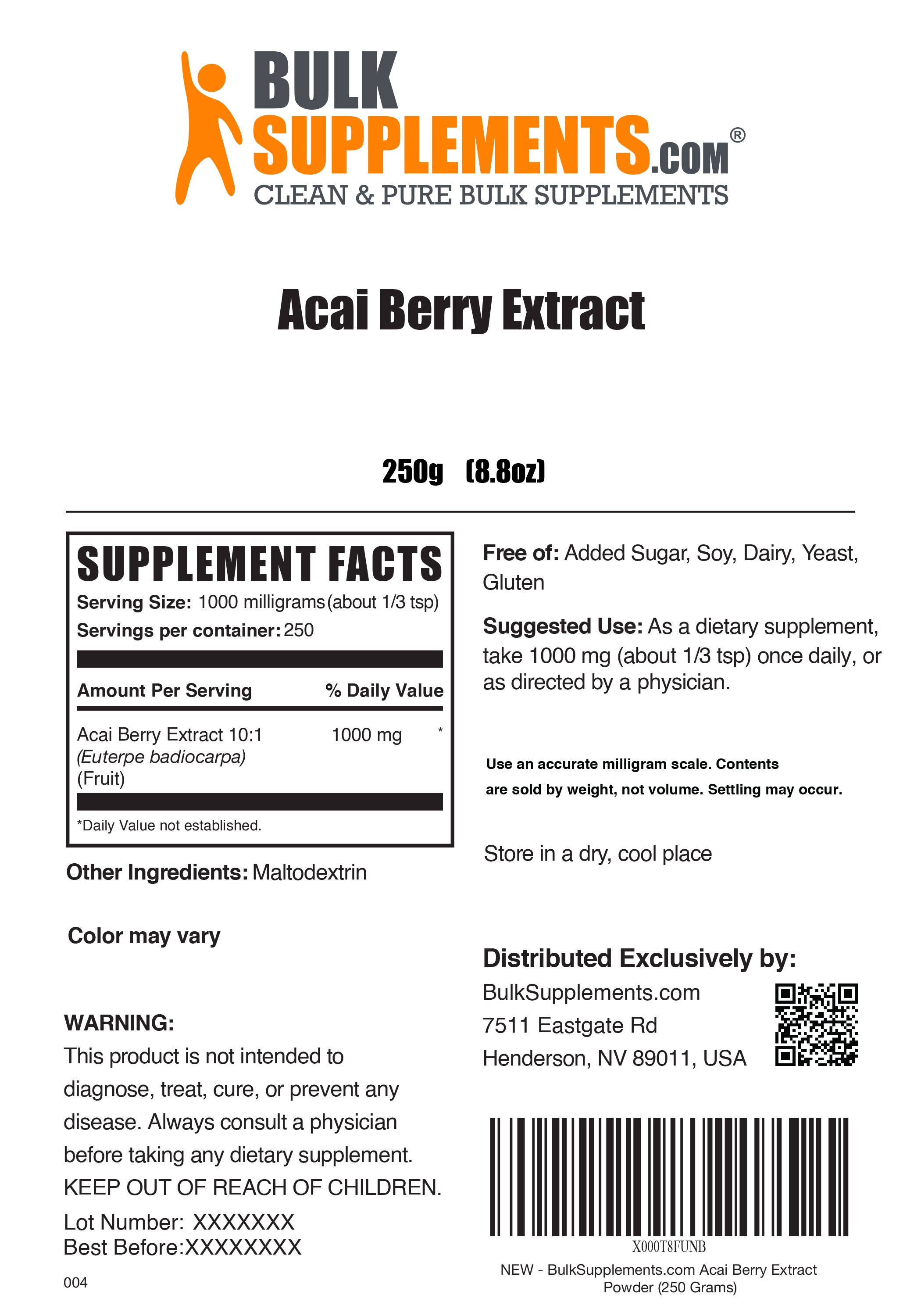 Acai Berry Extract powder label 250g