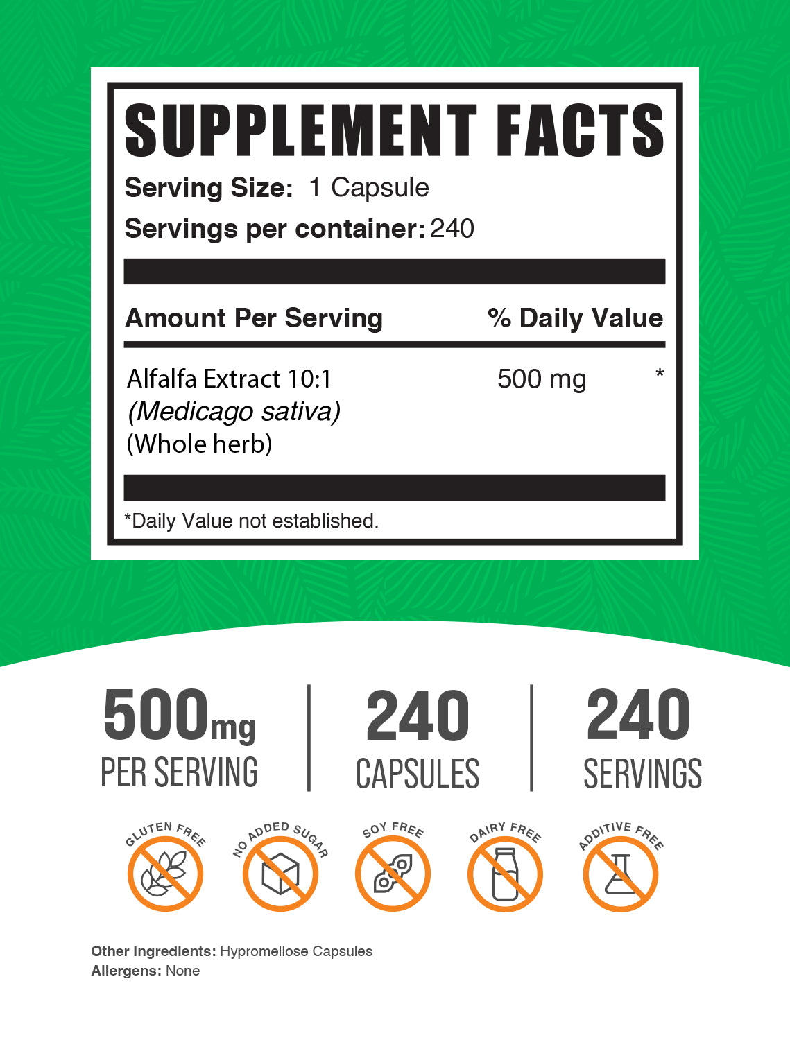 Alfalfa extract capsules 240 ct label