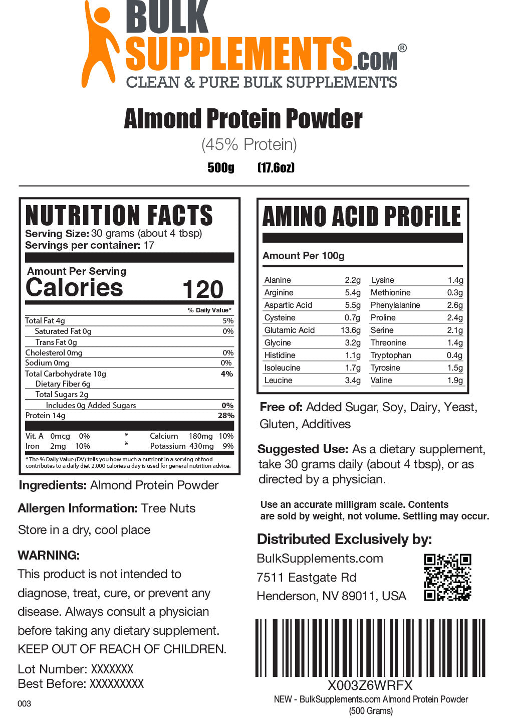 Almond protein powder label 500g