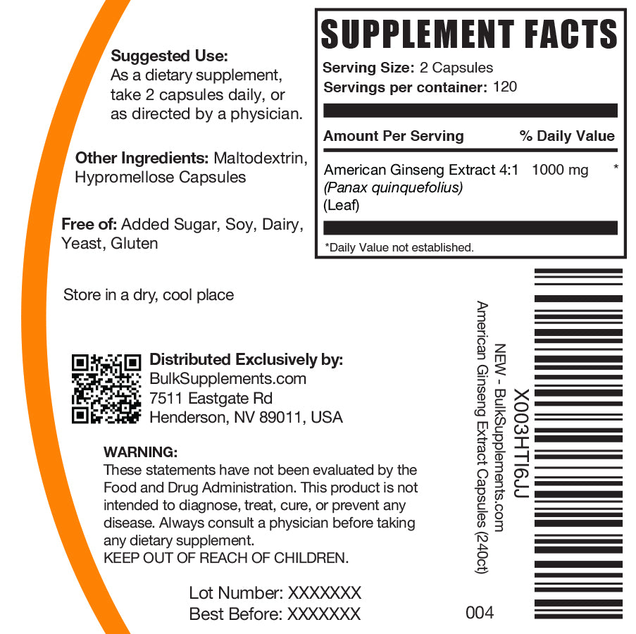 American Ginseng Extract Capsules 240 ct label