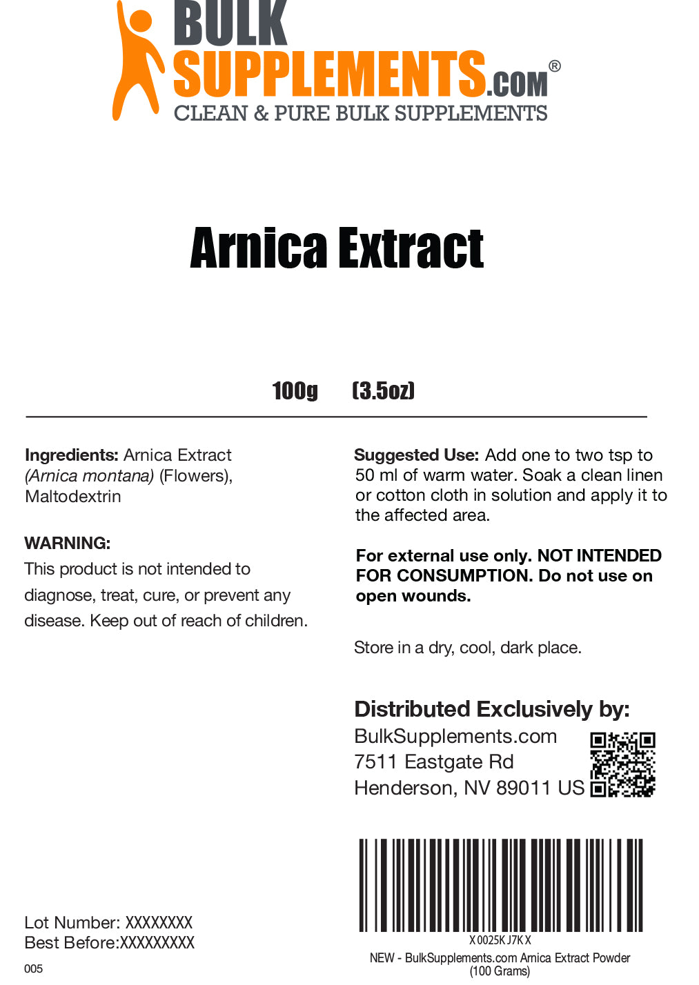 Arnica Extract Topical Powder 100g label