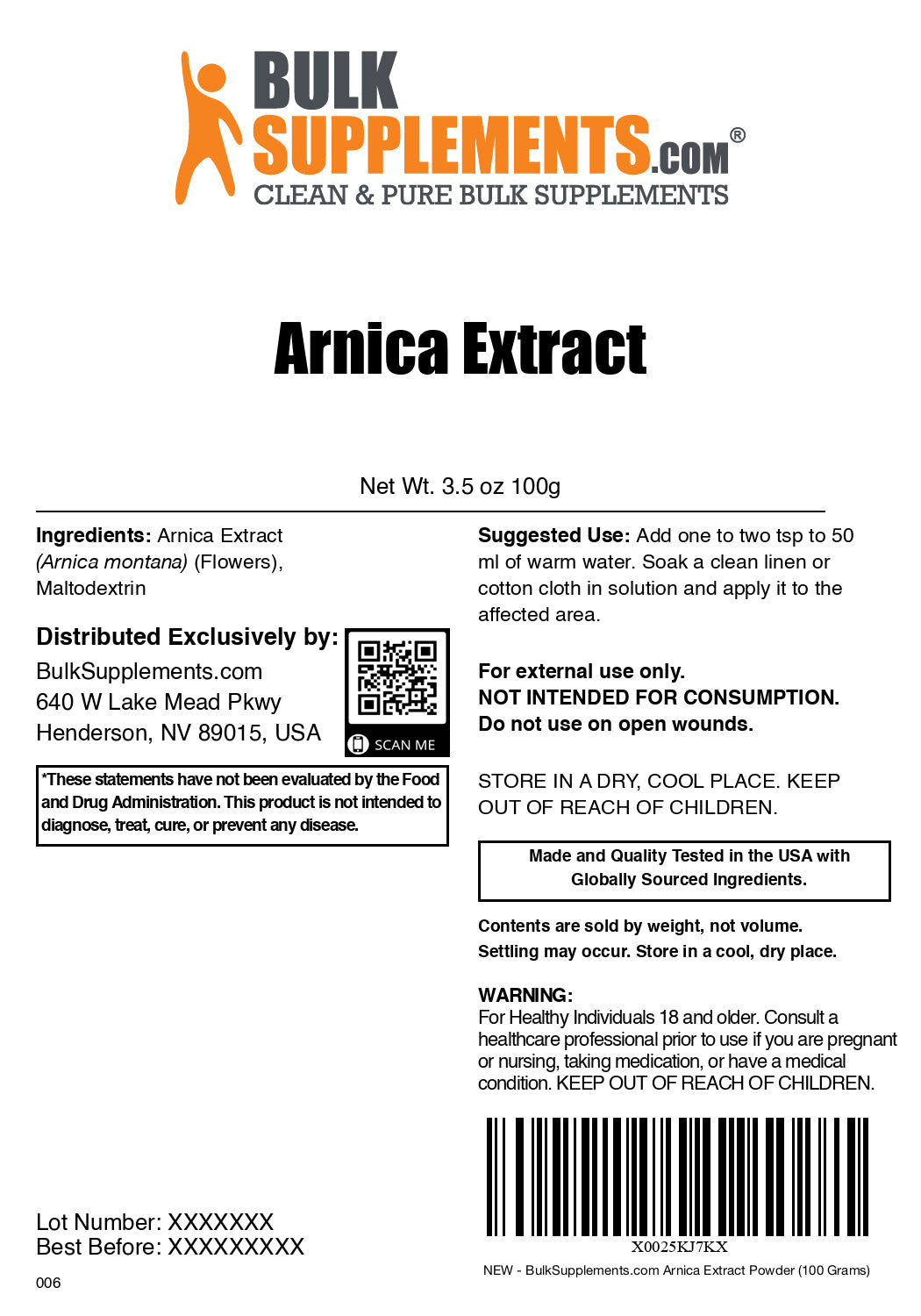 Arnica Extract topical powder label 100g