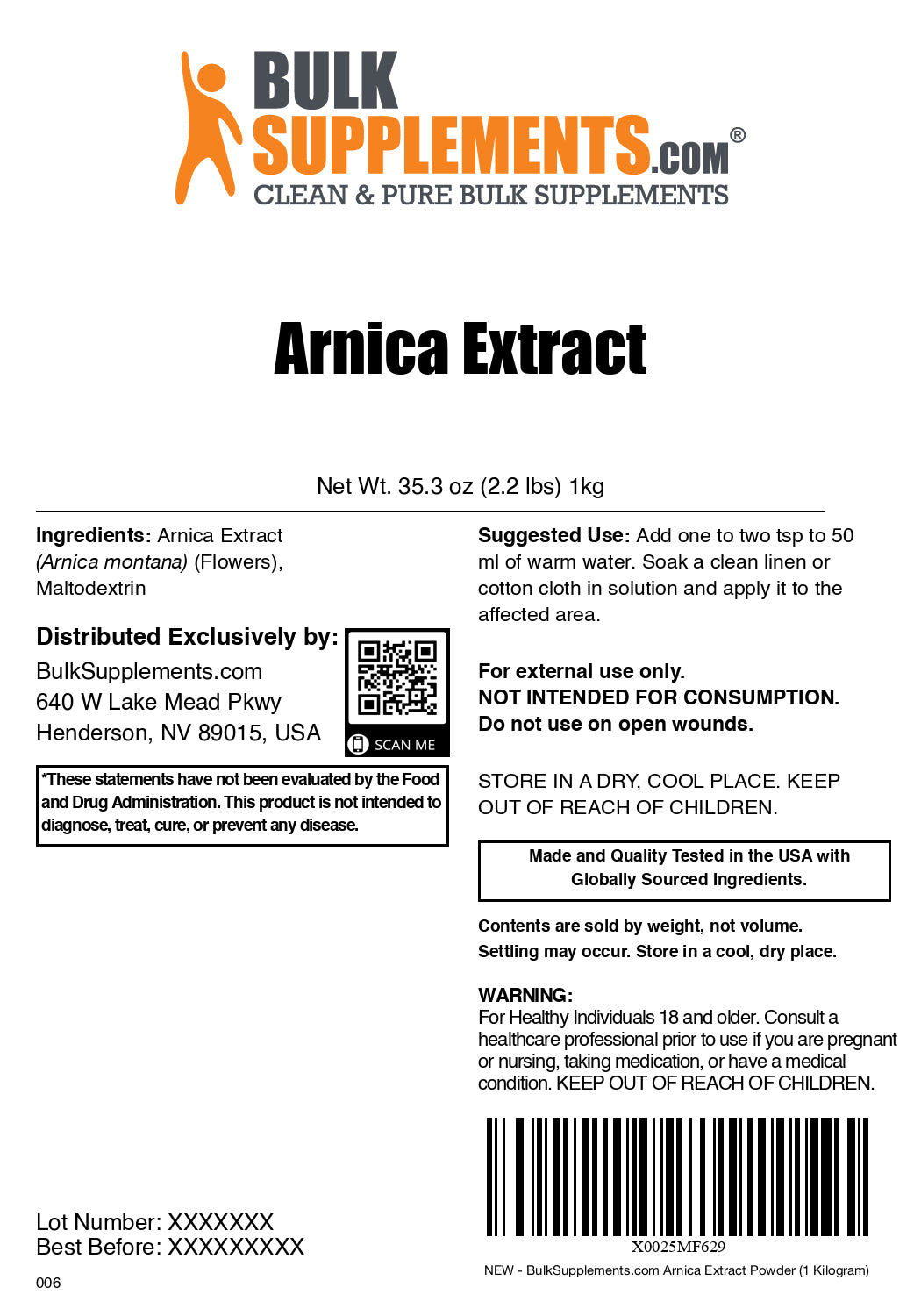 Arnica Extract topical powder label 1kg