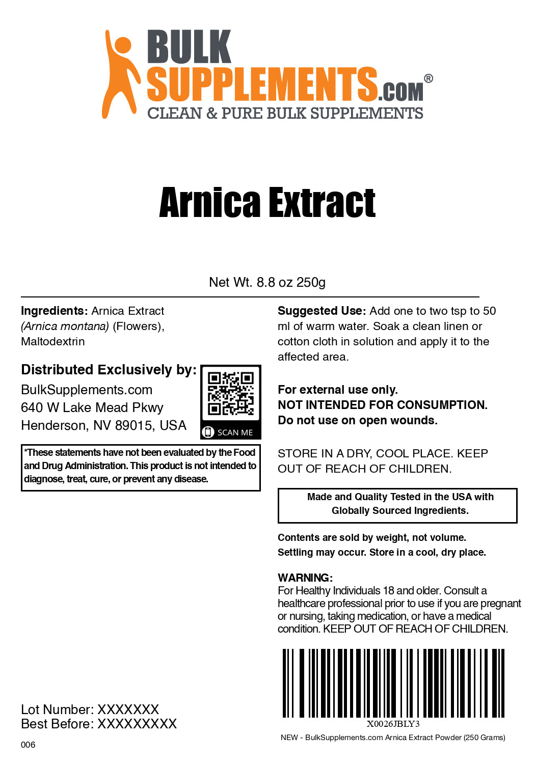 Arnica Extract topical powder label 250g