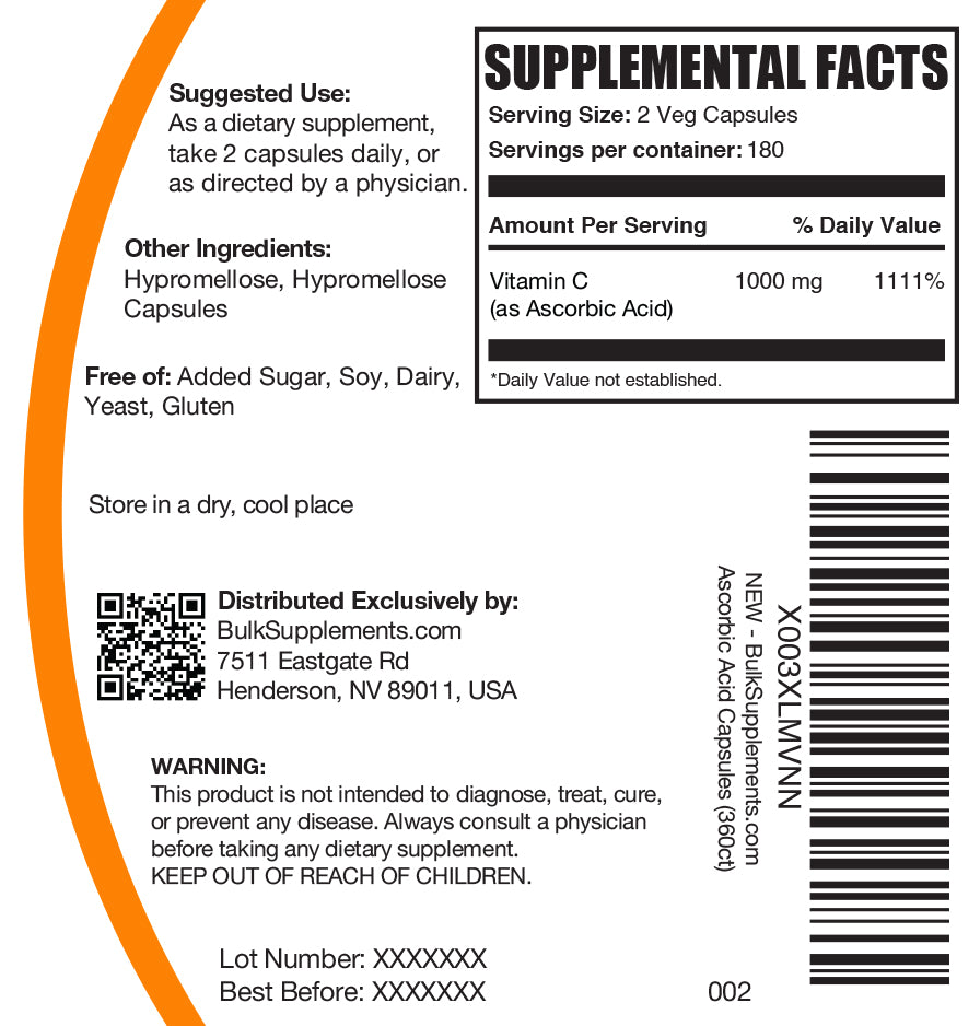 Ascorbic acid capsule label 360 ct