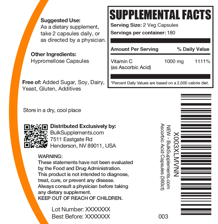 Ascorbic Acid (Vitamin C) Capsules 360 ct label