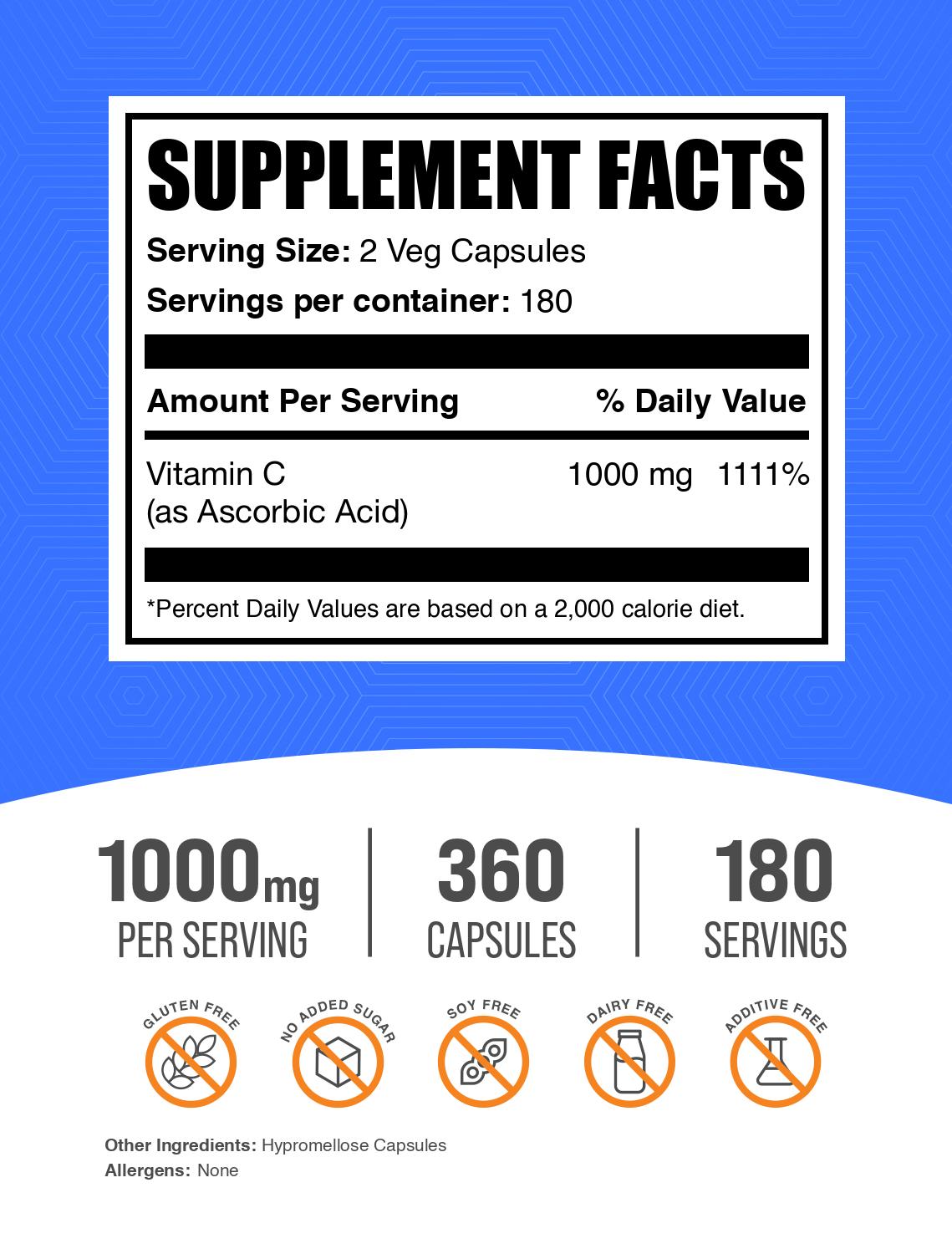 Ascorbic Acid (Vitamin C) Capsules 360 ct label