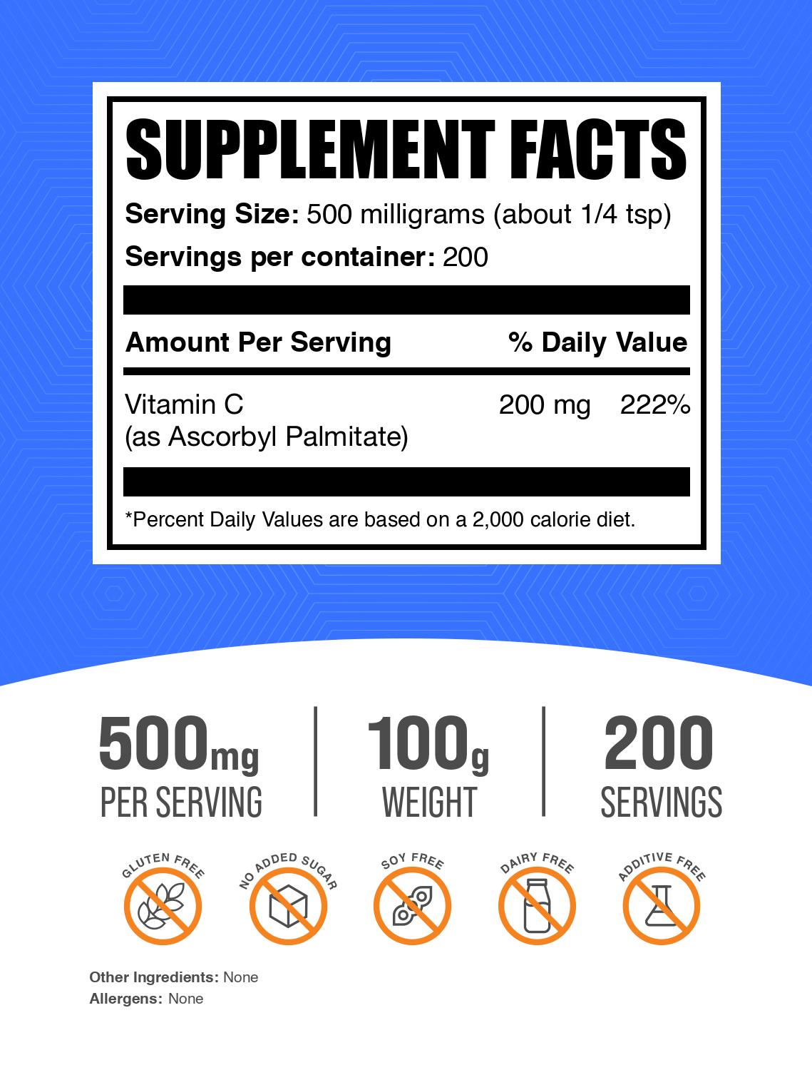 Ascorbyl Palmitate (Vitamin C Ester) powder label 100g