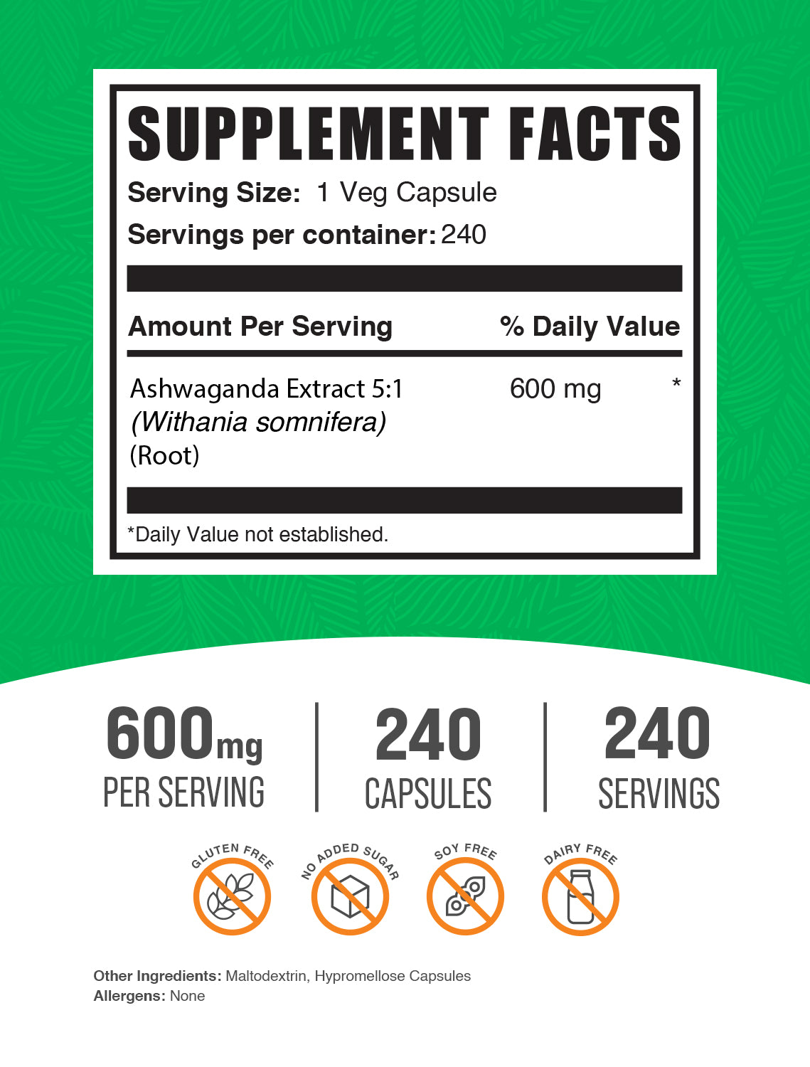 Ashwaganda extract 240 ct capsules label