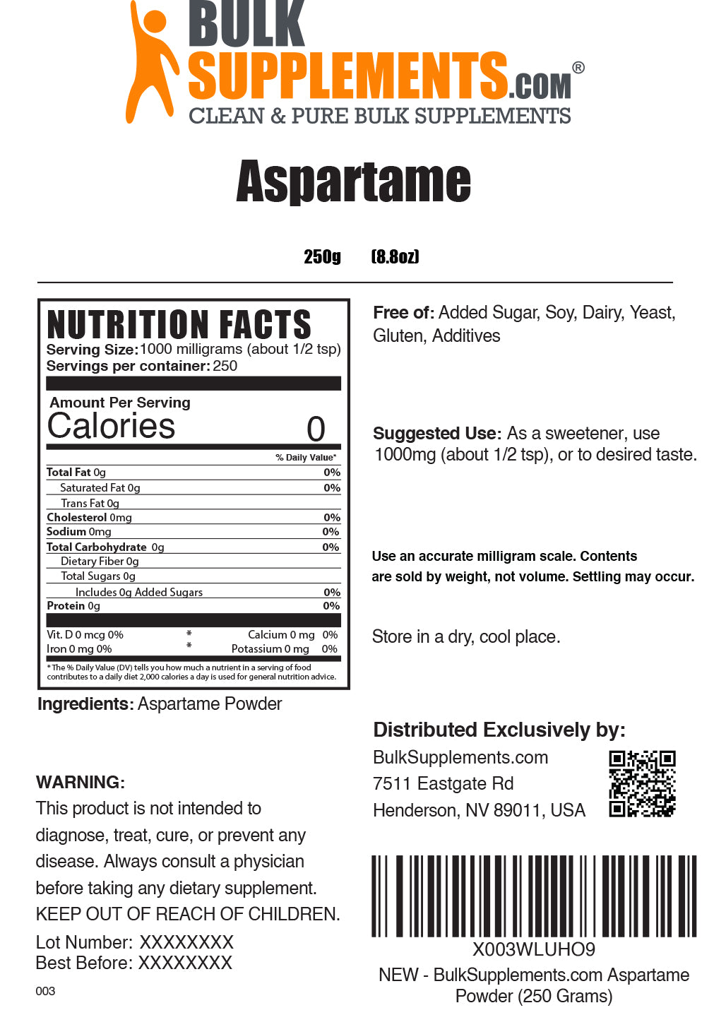 Aspartame powder label 250g