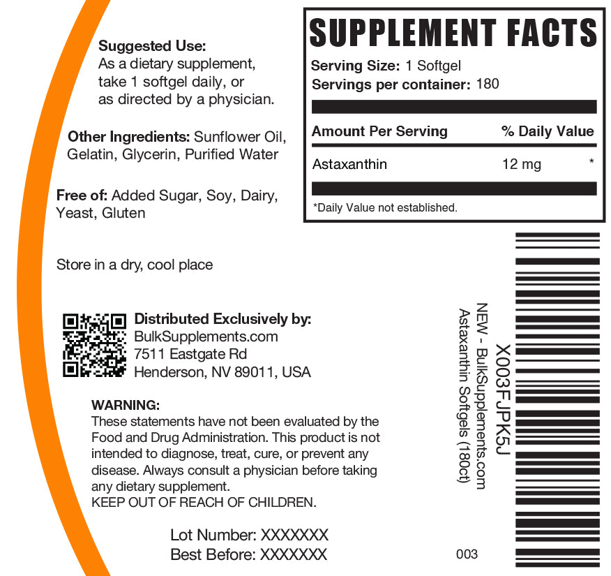 Astaxanthin Softgels 180 ct label