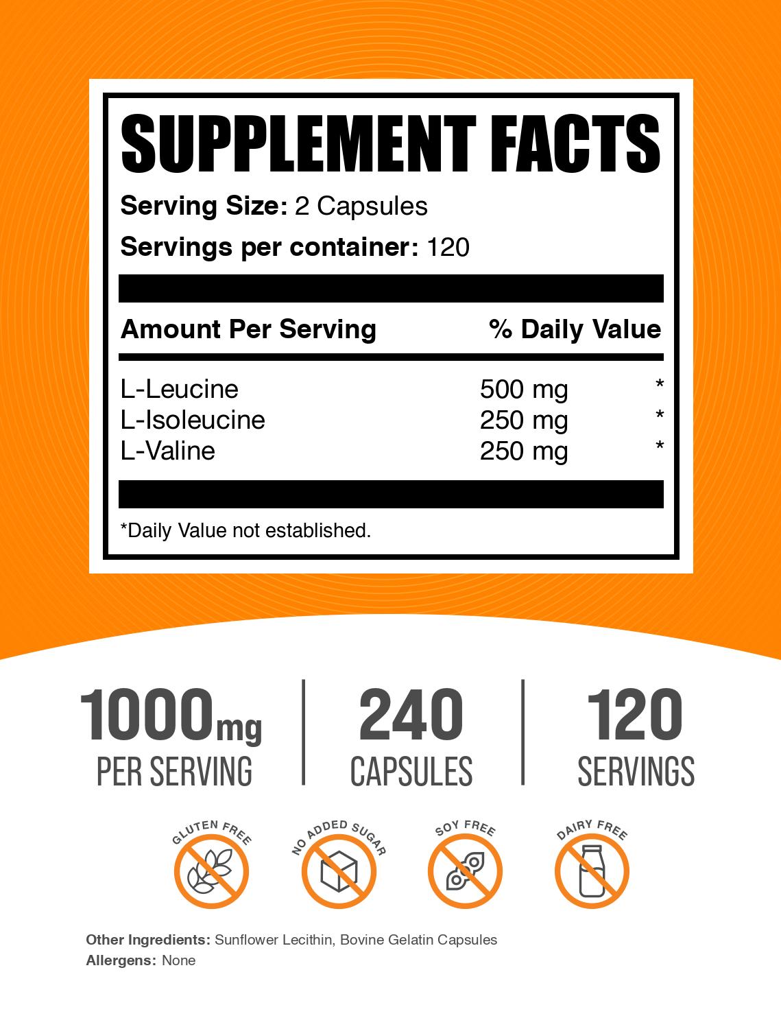 BCAA 2:1:1 240 ct capsules label