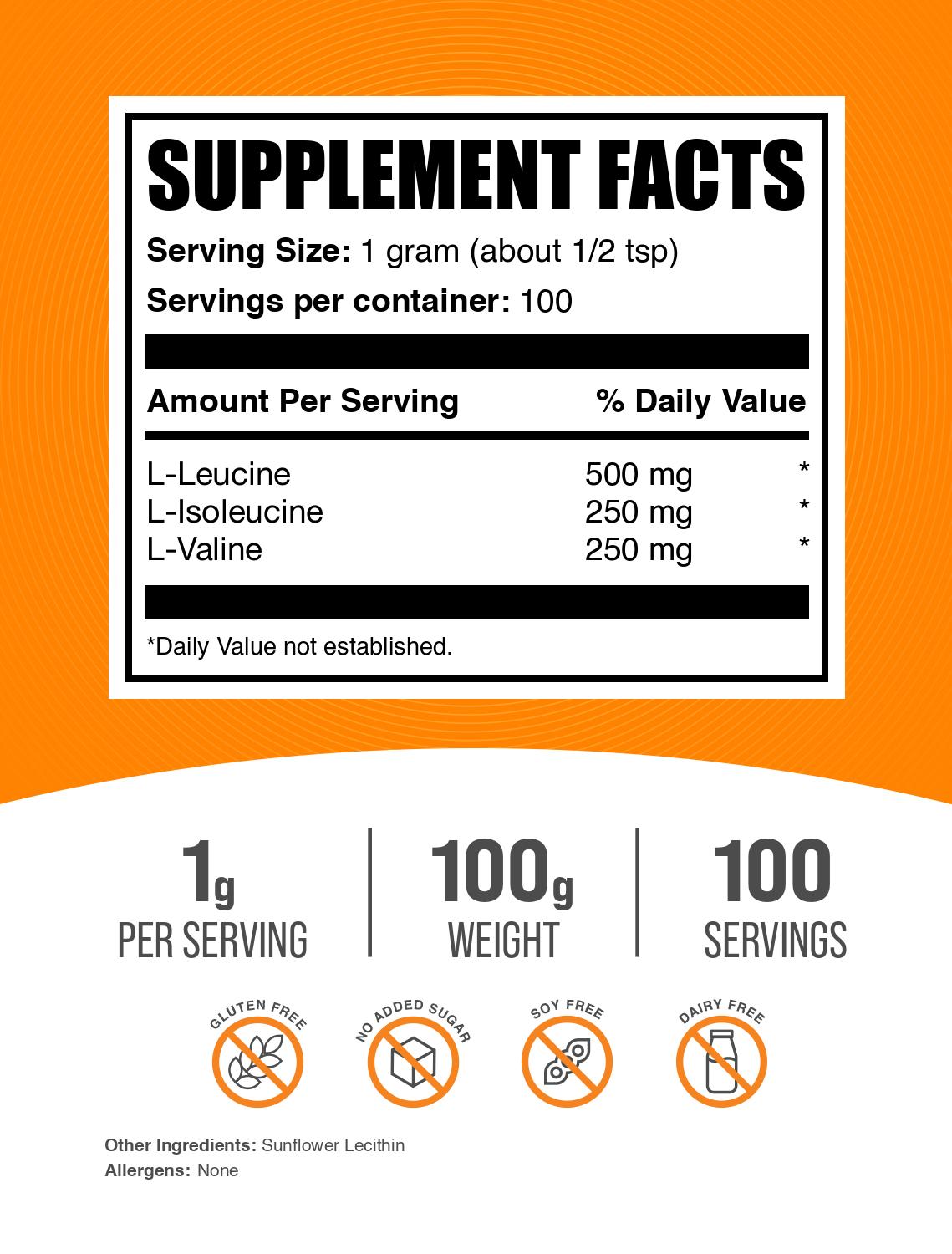 BCAA 2:1:1 (Branched Chain Amino Acids) powder label 100g