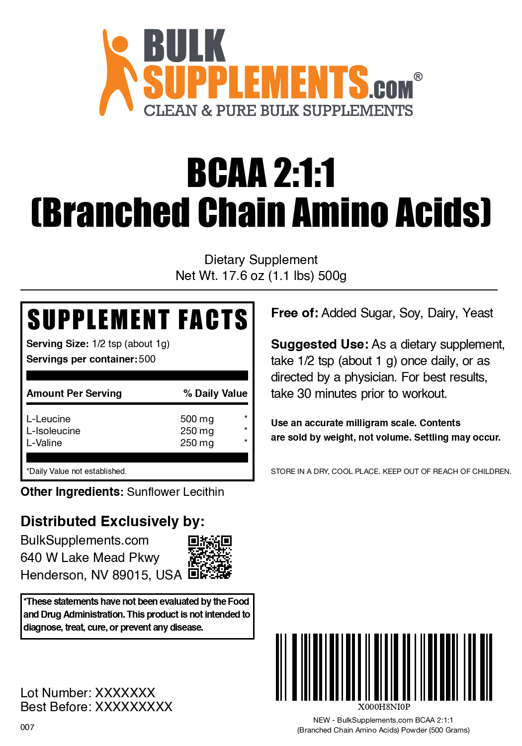 BCAA 2:1:1 powder label 500g