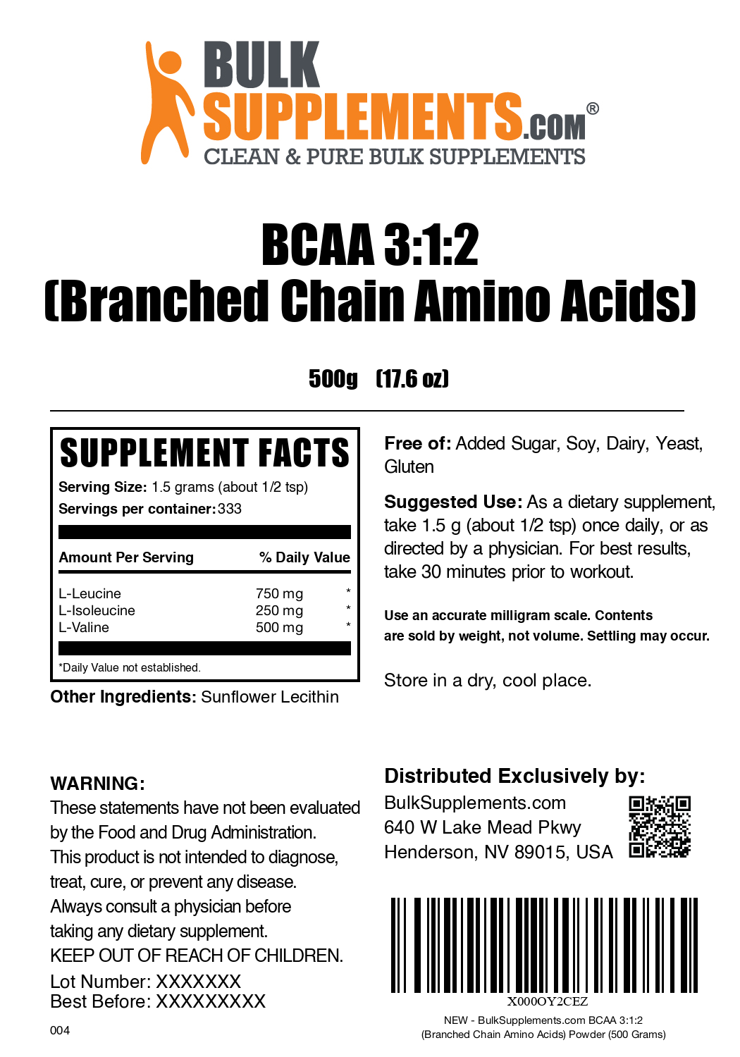 BCAA 3:1:2 powder label 500g