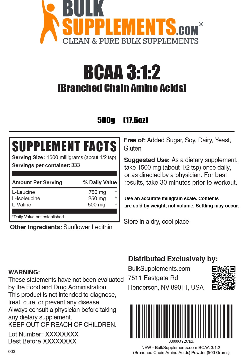 BCAA 3:1:2 powder label 500g