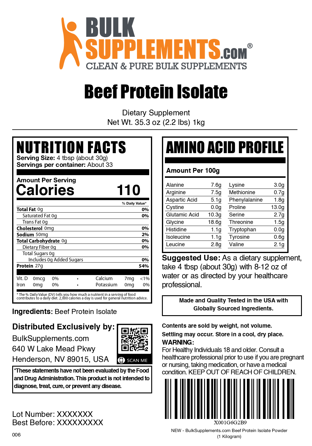 Beef Protein Isolate powder label 1kg