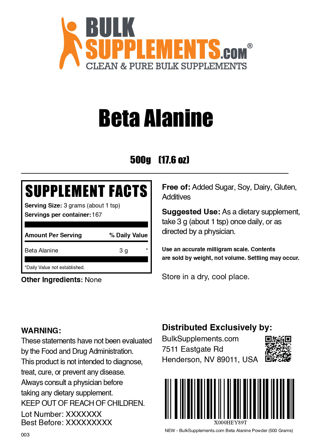 Beta alanine powder label 500g