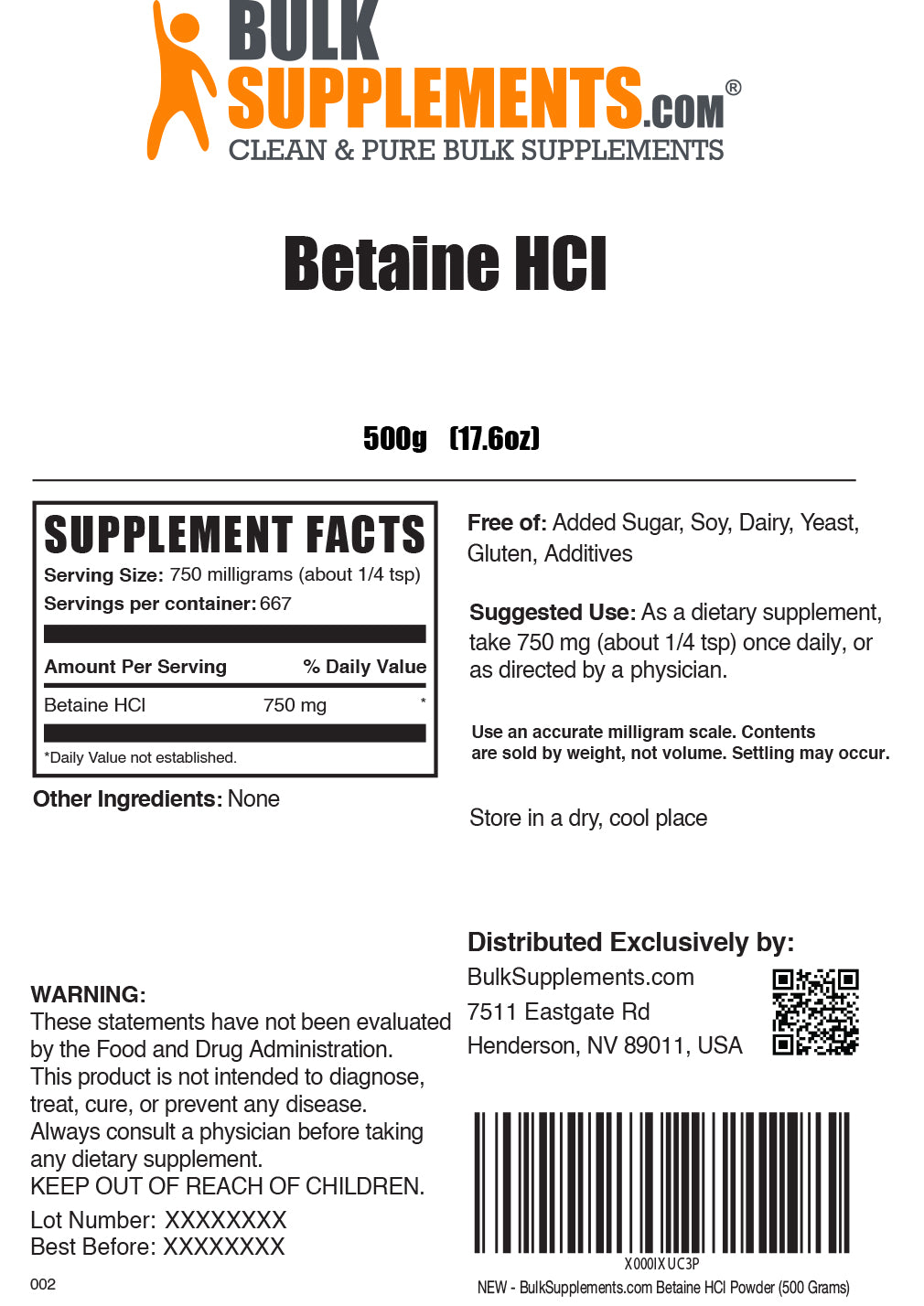 Betaine HCl powder label 500g