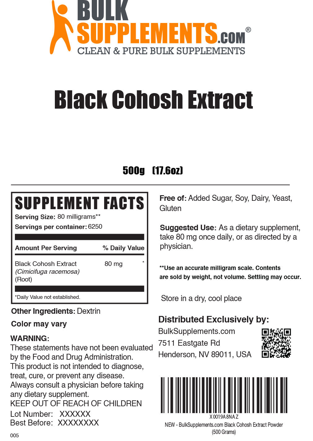 Black cohosh extract powder label 500g