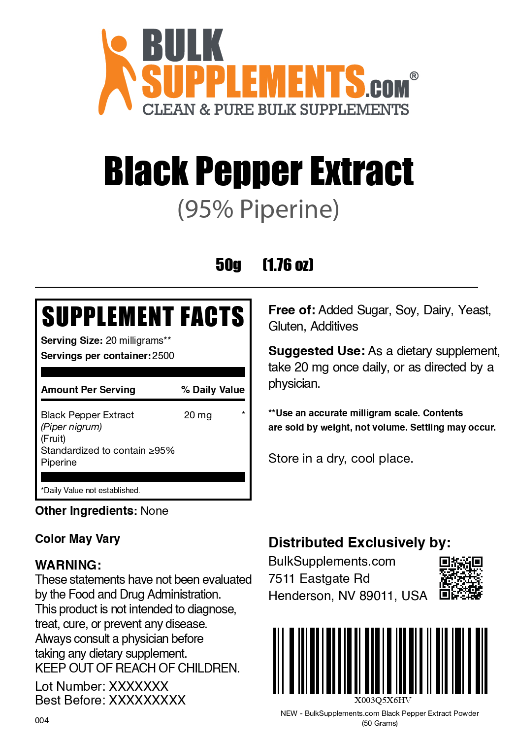 Black pepper extract powder label 50g