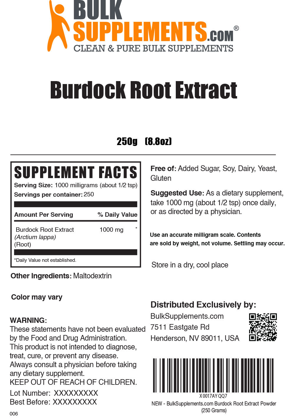 Burdock Root Extract powder label 250g