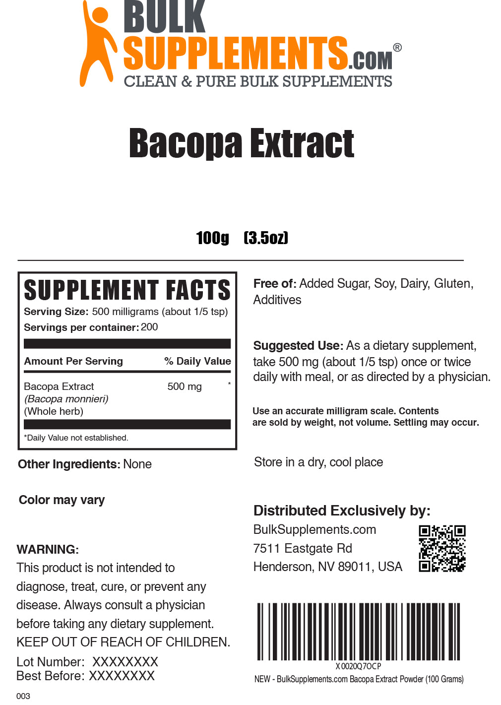 Bacopa extract powder label 100g