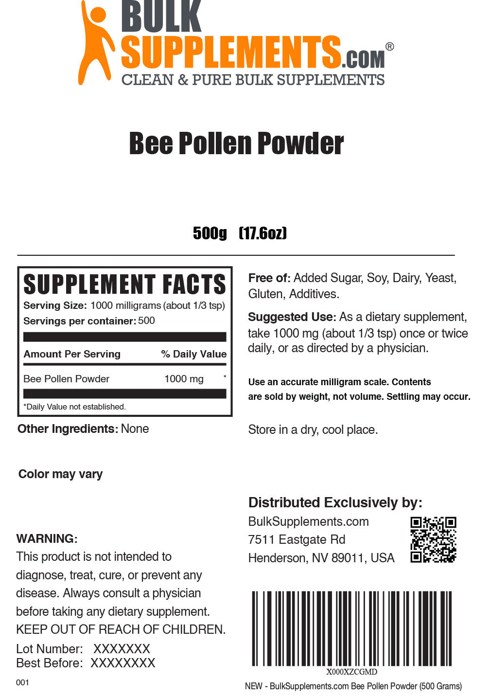 Bee Pollen powder label 500g