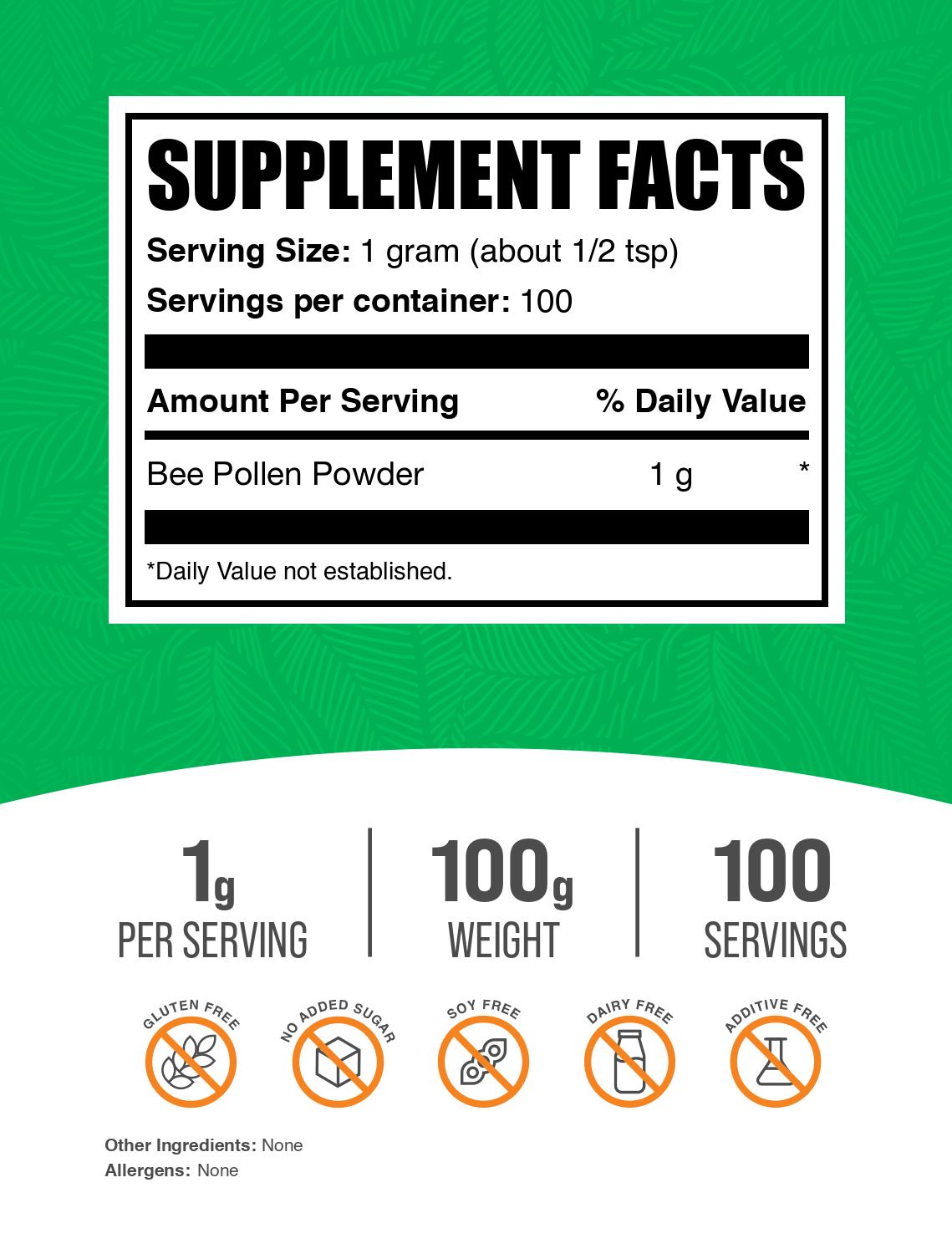 Bee pollen powder label 100g