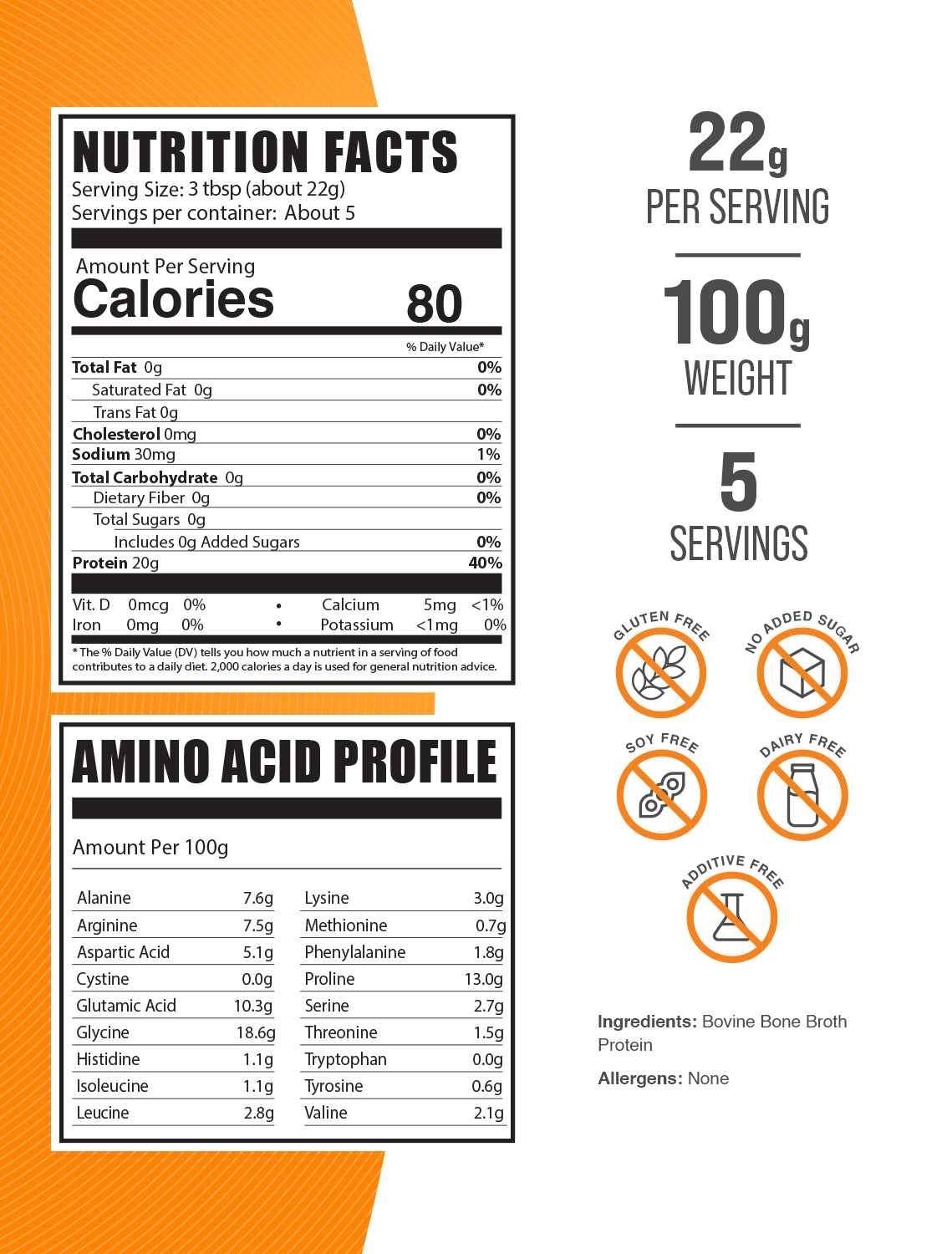 Beef Bone Broth protein powder label 100g