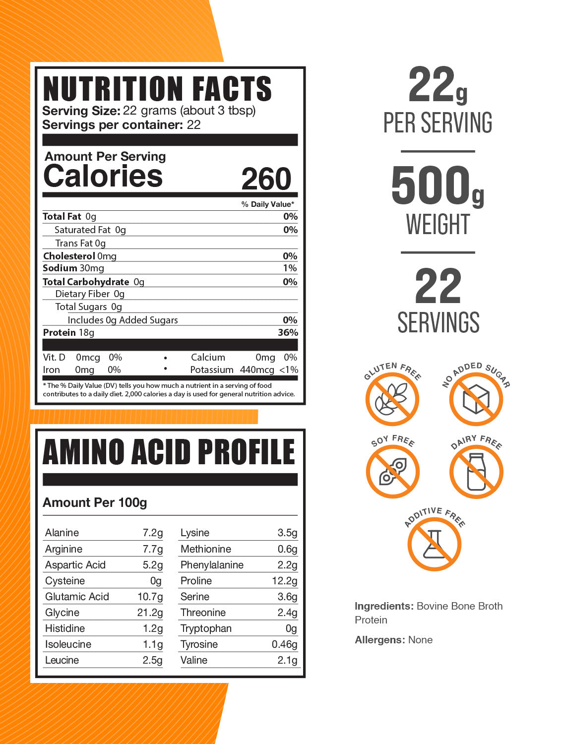 Beef Bone Broth Protein powder label 500g