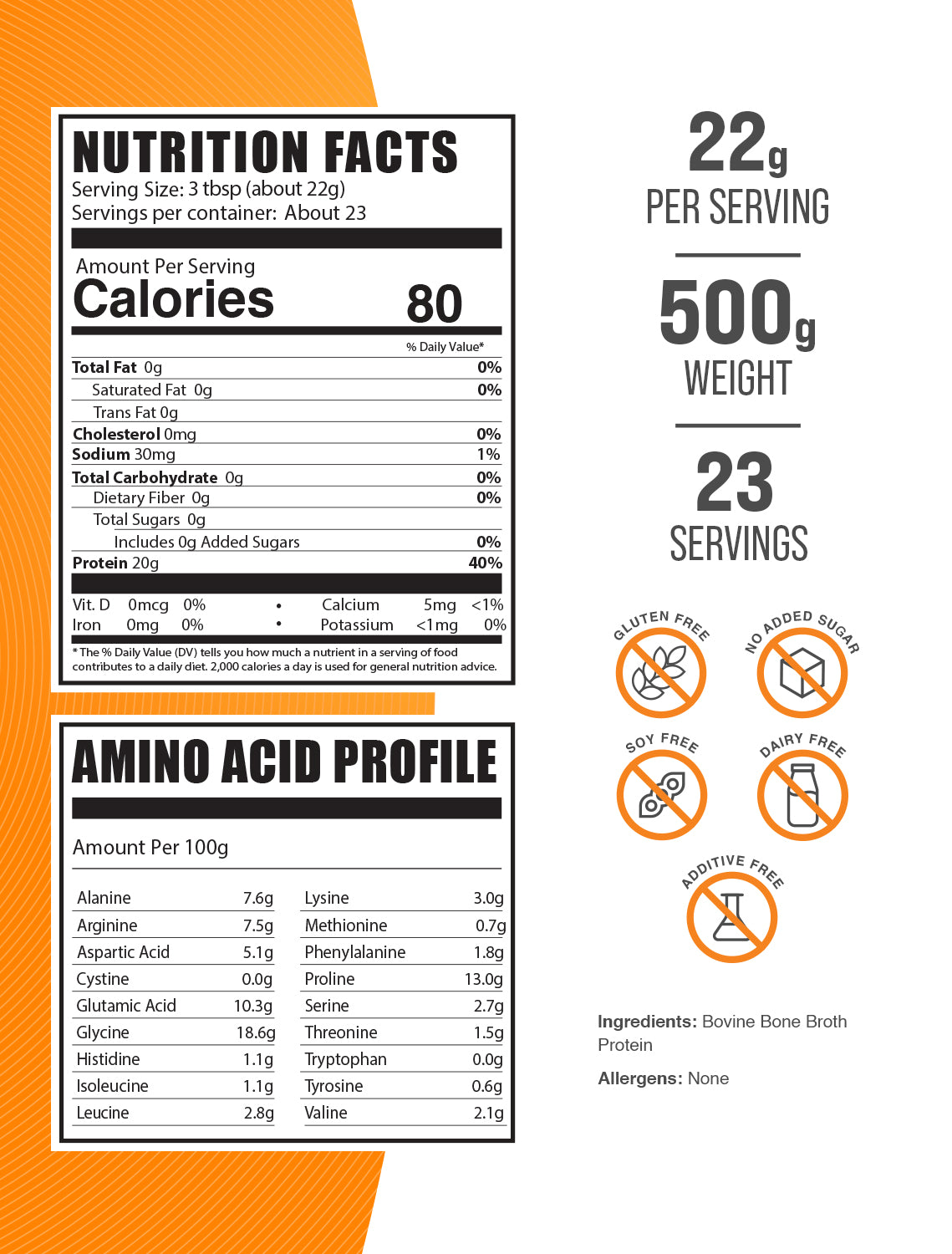 Beef Bone Broth protein powder label 500g