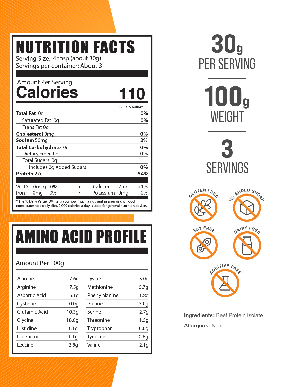 Beef Protein Isolate powder label 100g