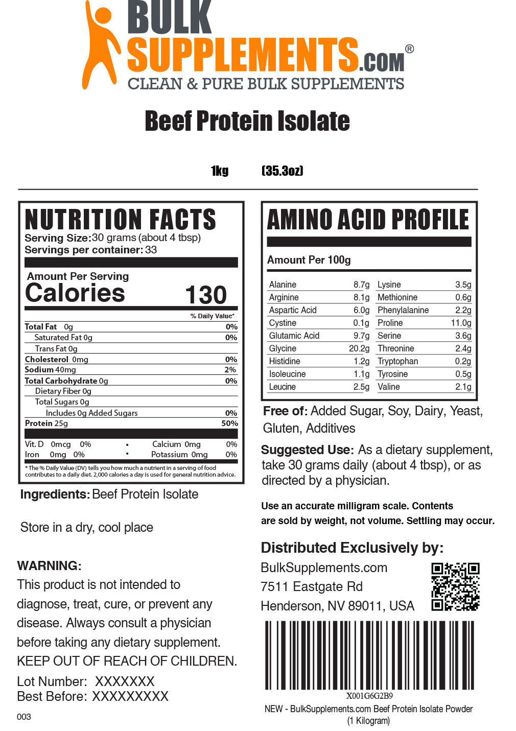 Beef Protein Isolate powder label 1kg