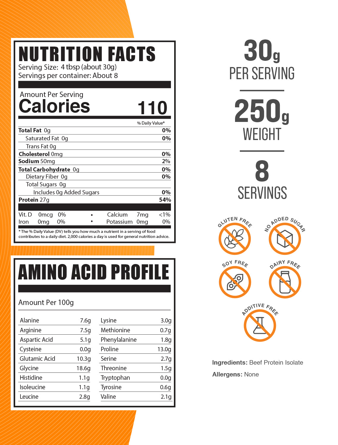 Beef Protein Isolate powder label 250g