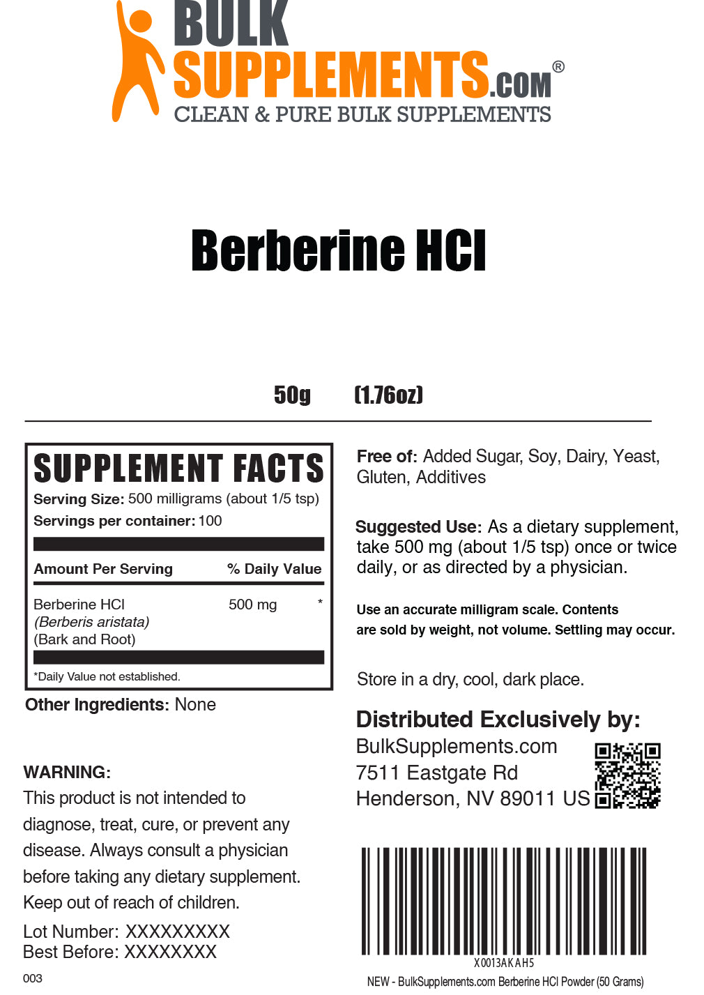 Berberine HCl powder label 50g