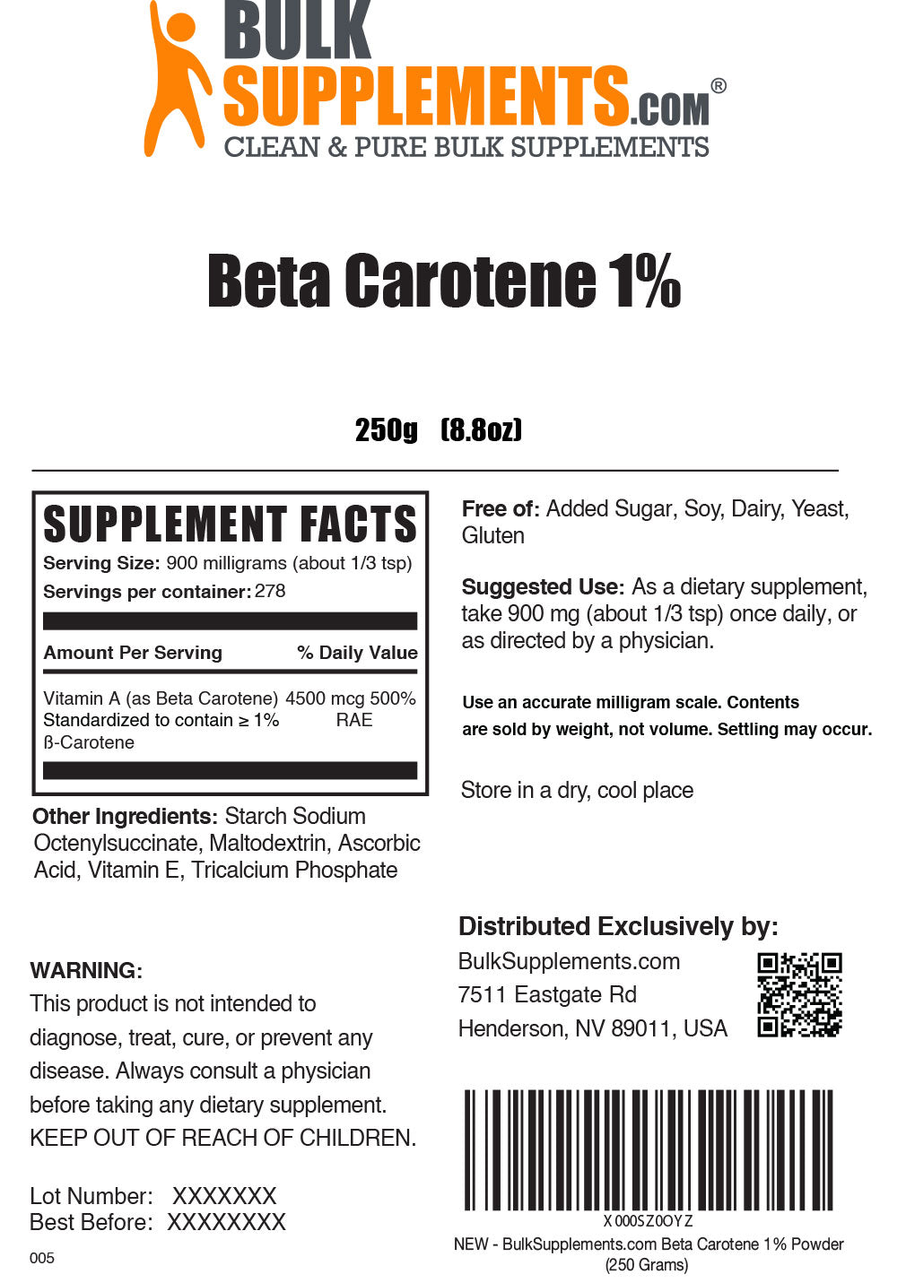 Beta Carotene powder label 250g