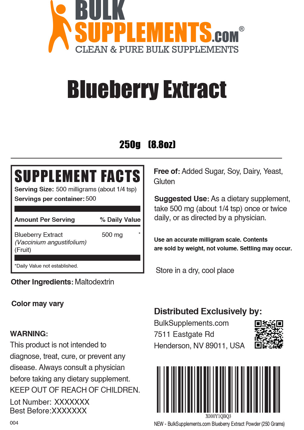 Blueberry Extract powder label 250g