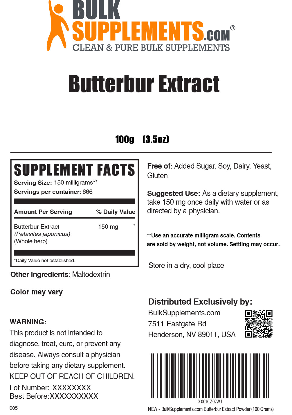 Butterbur extract powder label 100g