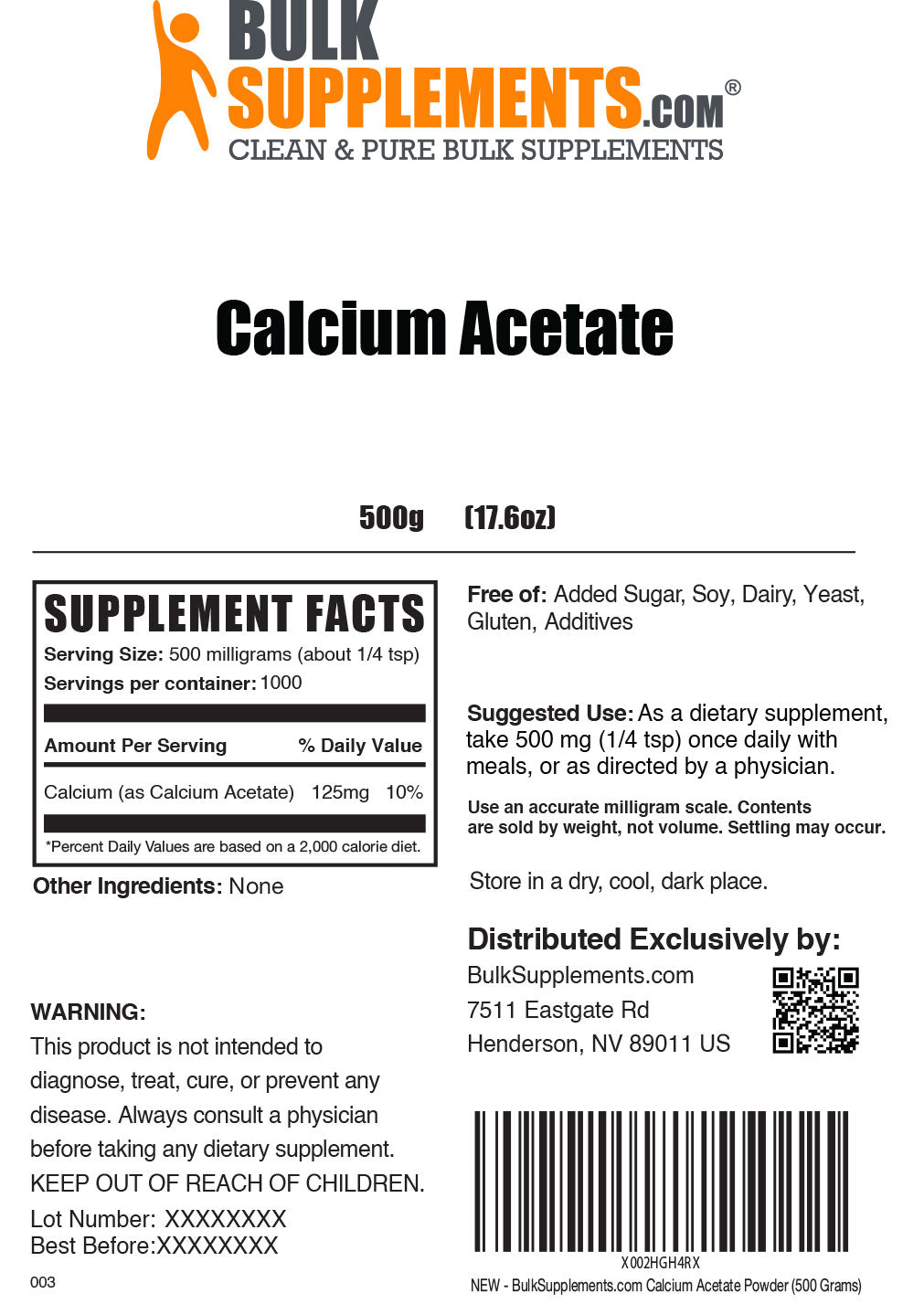 Calcium Acetate powder label 500g