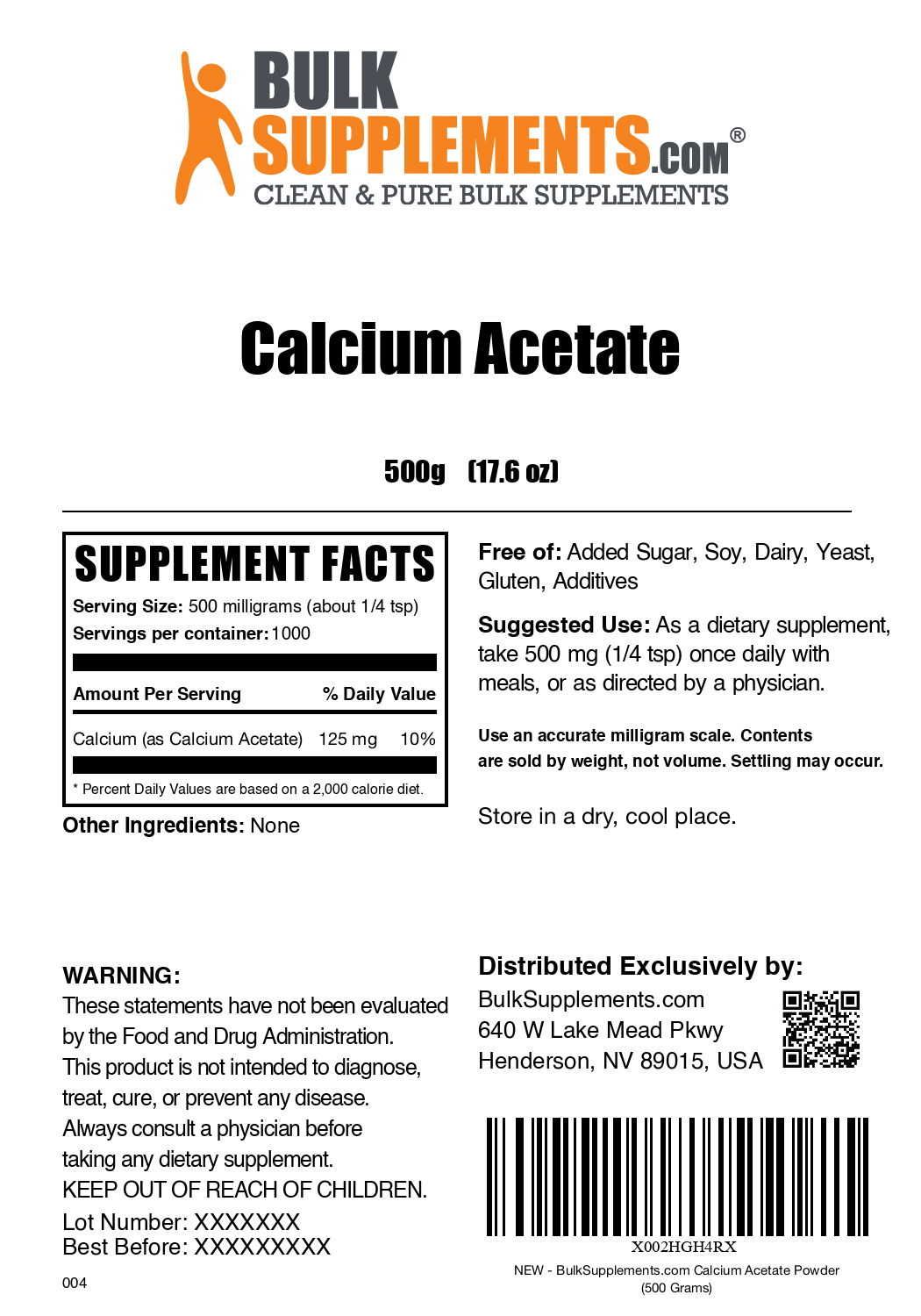 Calcium Acetate powder label 500g