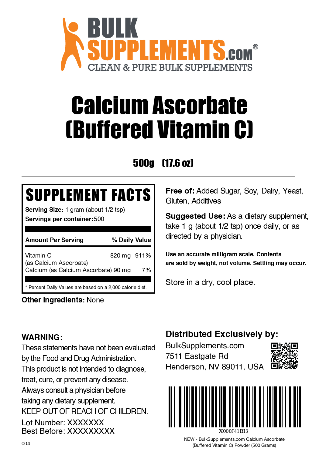 Calcium Ascorbate (Vitamin C) powder label 500g