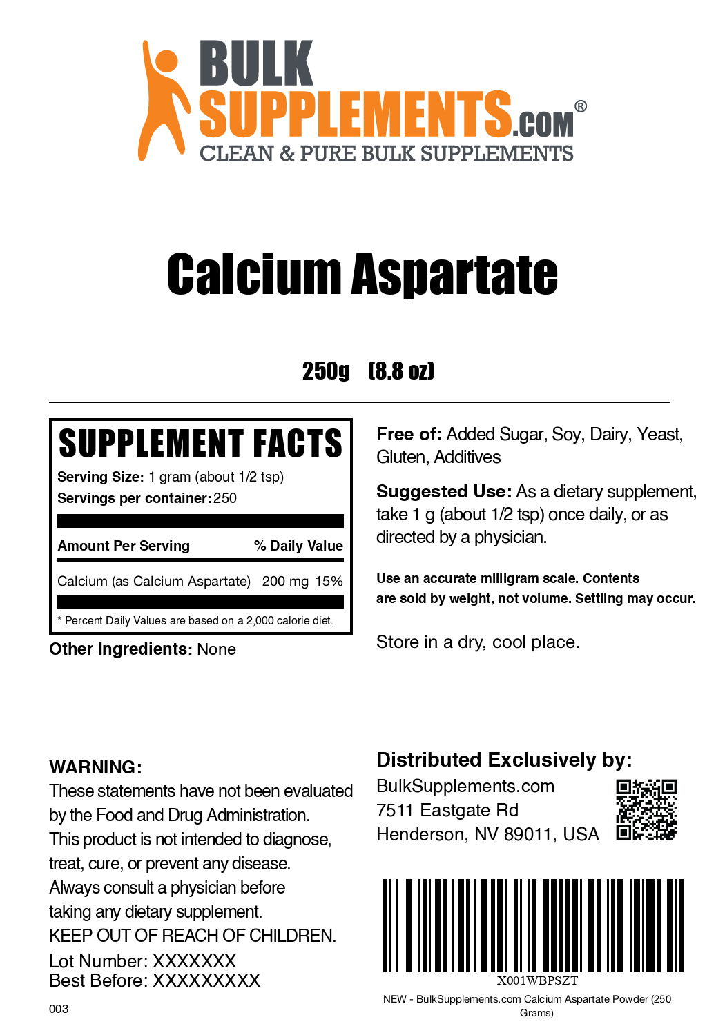 Calcium Aspartate powder label 250g